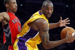 Lakers guard Kobe Bryant makes his season debut Sunday against high-flying guard DeMar DeRozan and the Raptors. Above, DeRozan and Bryant in a game three seasons ago.