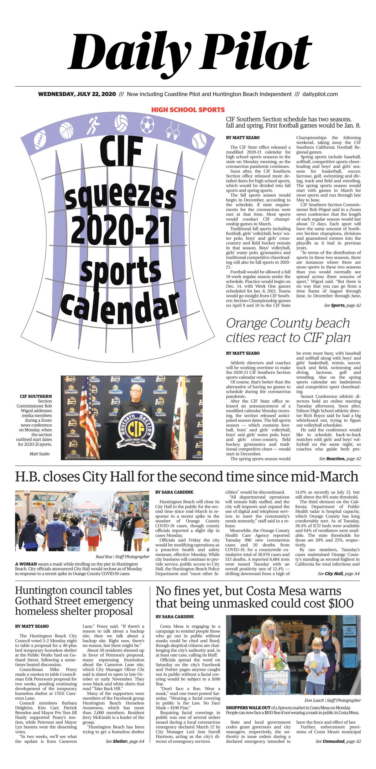 Daily Pilot e-newspaper: Wednesday, July 22, 2020 Cover