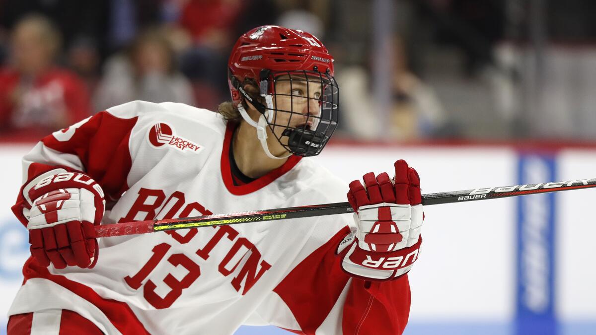Boston University's Trevor Zegras during an NCAA hockey game against Northern Michigan.