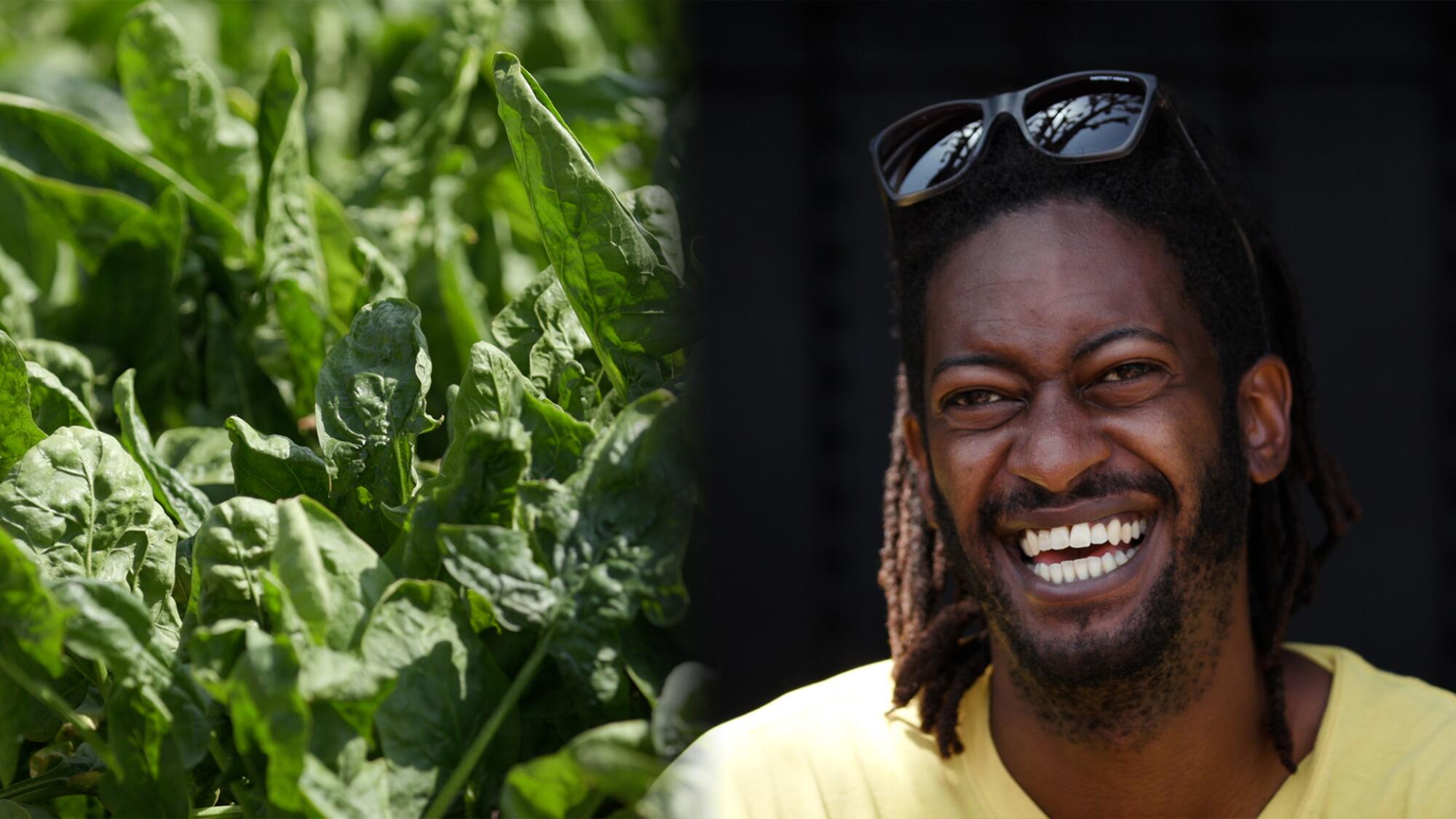 Urban gardener Jamiah Hargins, smiling, with dreads and sunglasses on his head.