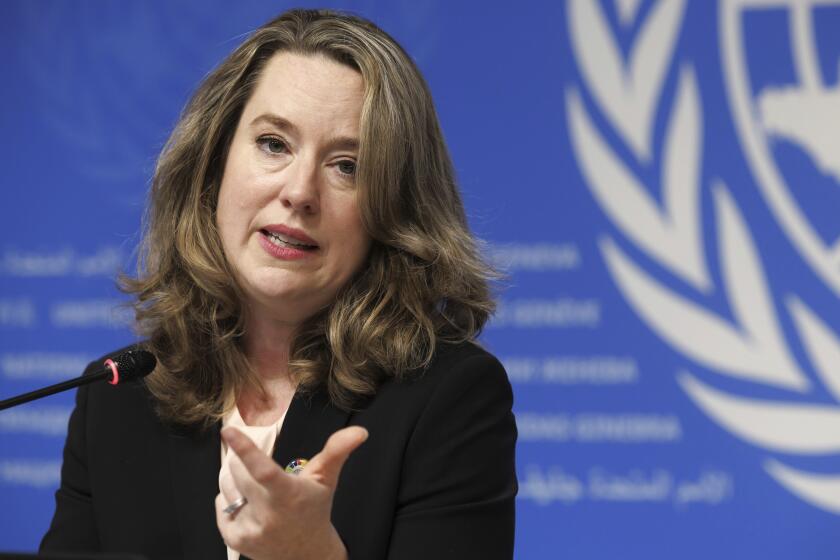 The new Director General of the International Organization for Migration (IOM) Amy Pope speaks, during a press conference, at the European headquarters of the United Nation in Geneva, Switzerland, Monday, Oct. 2, 2023. Pope is the first woman to hold this role. (Salvatore Di Nolfi/Keystone via AP)