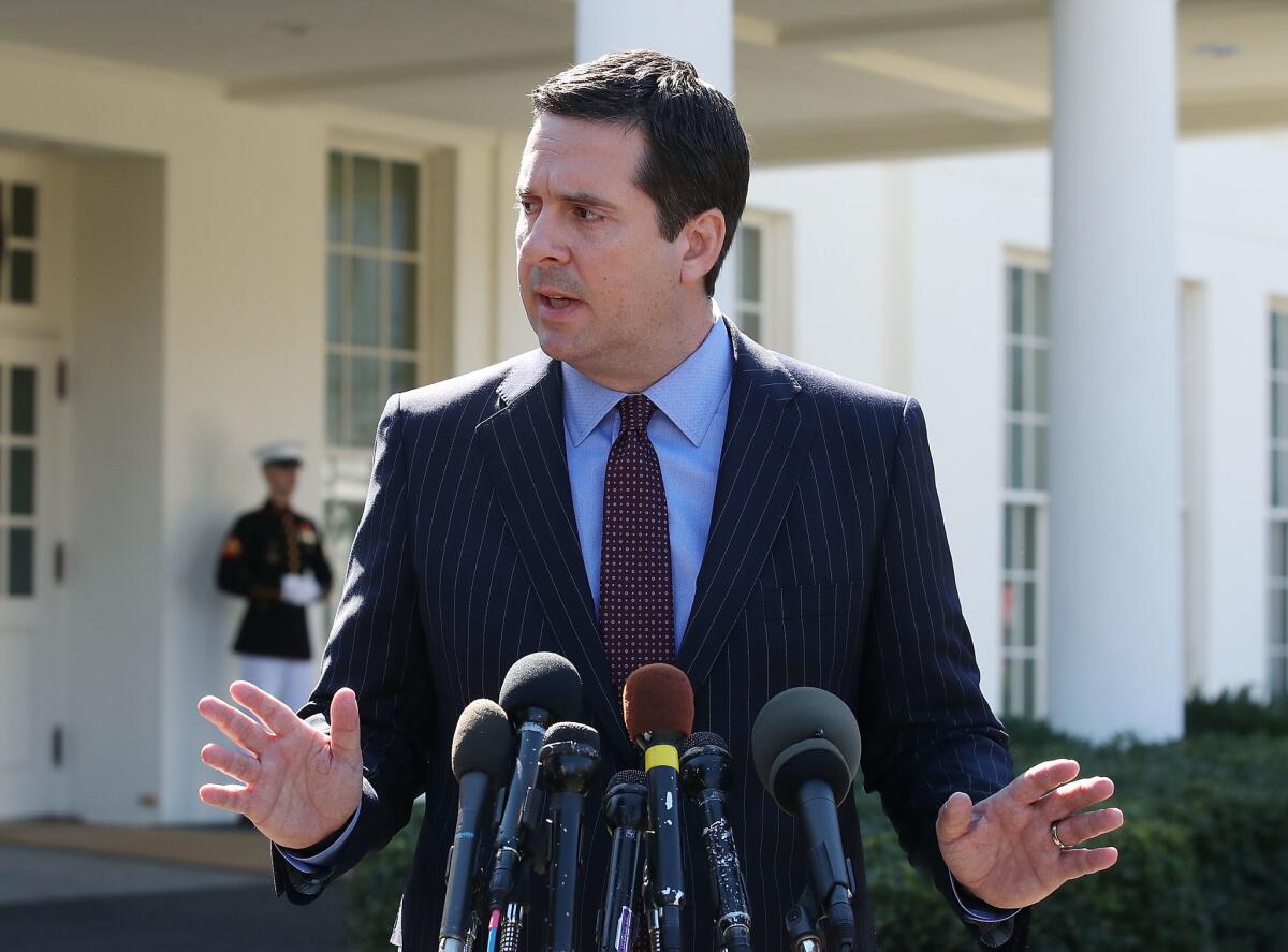 House Intelligence Committee Chairman Devin Nunes (R-Tulare) speaks to reporters after a meeting at the White House on March 22.