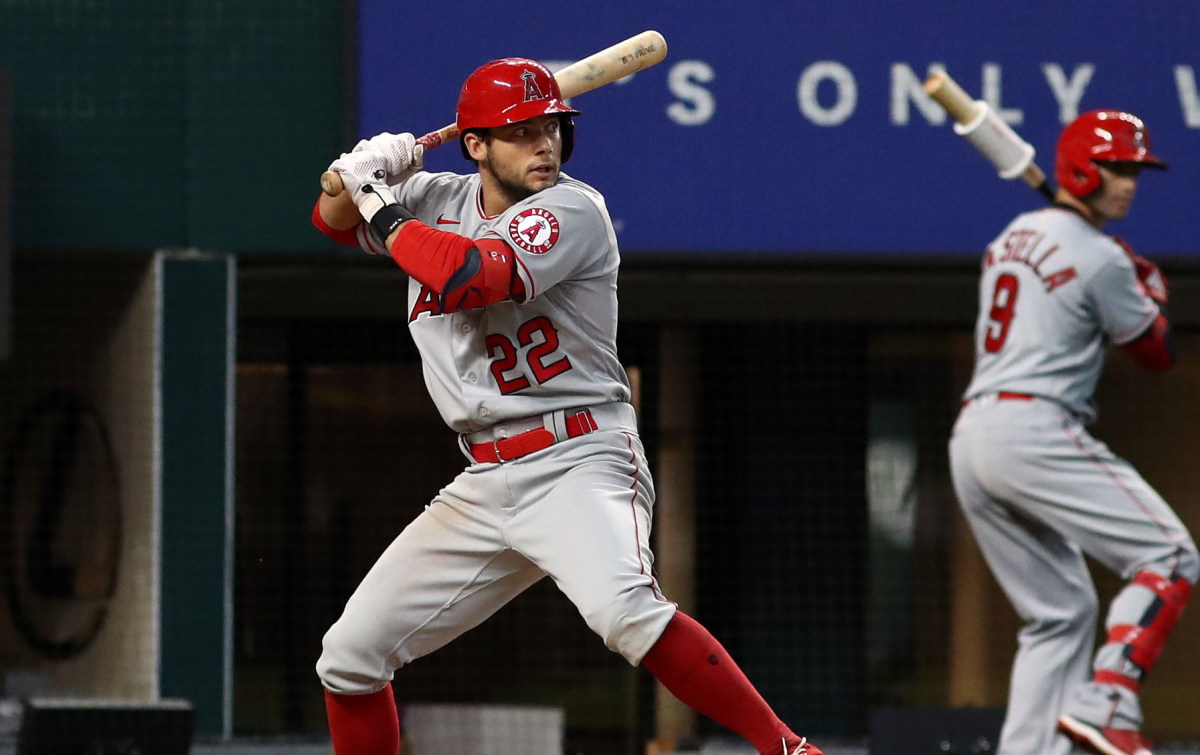 Angels infielder David Fletcher bats against the Texas Rangers on Aug. 9.