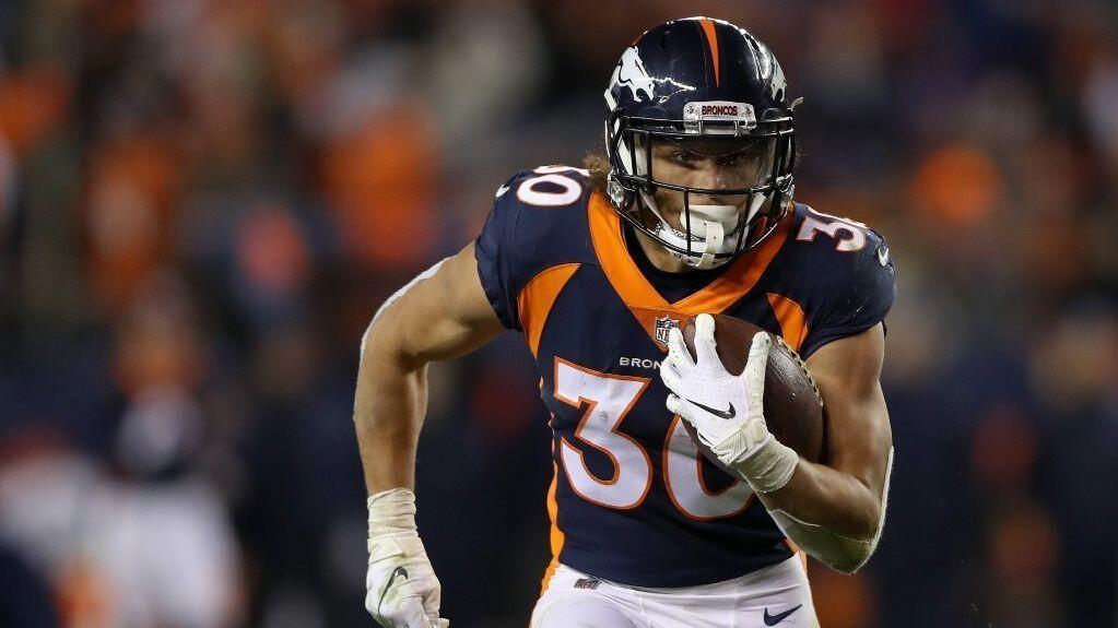 October 14, 2018: Denver Broncos running back Phillip Lindsay (30) with a  run during the first quarter of an NFL matchup between the Los Angeles Rams  and the Denver Broncos at Broncos