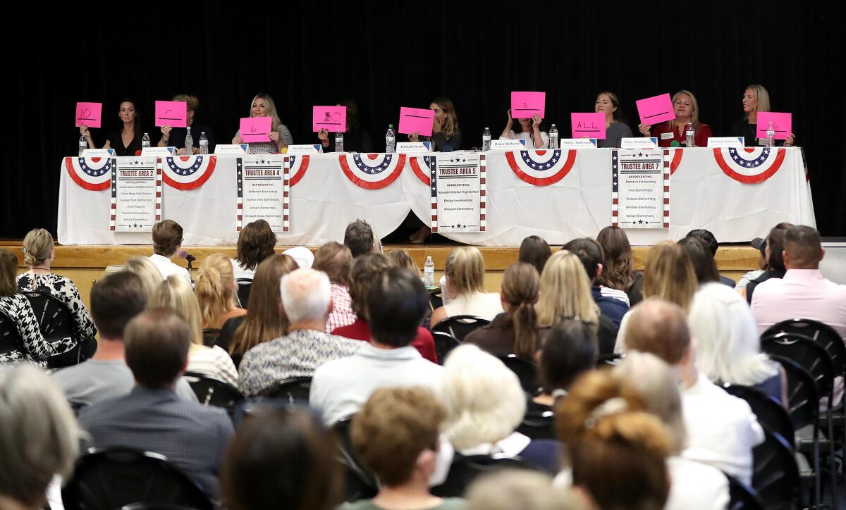 Candidates display cards showing how many school board meetings they've attended this year during a NMUSD forum Monday. 