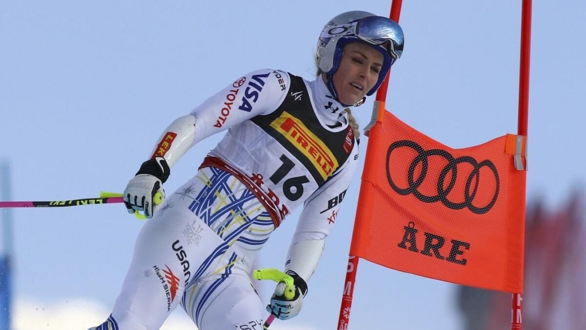 Lindsey Vonn comes down the slope after crashing during the women's super-G at the world championships in Sweden on Tuesday.