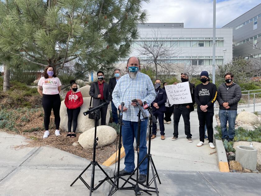 Homeless advocate Michael McConnell at City College press conference.