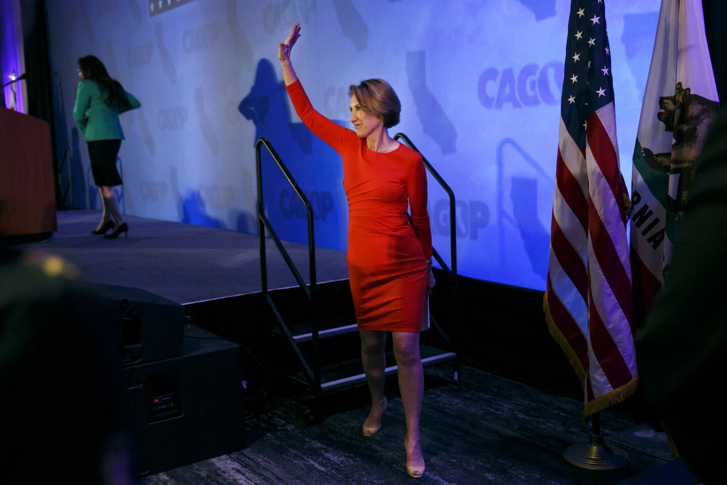 Carly Fiorina, Sen. Ted Cruz's would-be running mate, waves after making a keynote speech at the California Republican Party convention in Burlingame on Saturday.