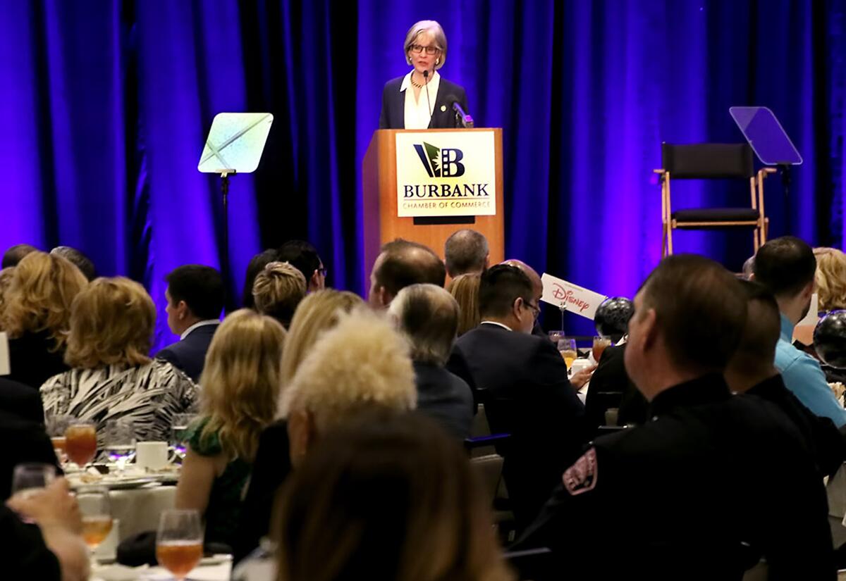 Burbank Mayor Emily Gabel-Luddy gives her State of the City address to a packed crowd at the Marriott Burbank Airport Hotel Ballroom Wednesday afternoon.