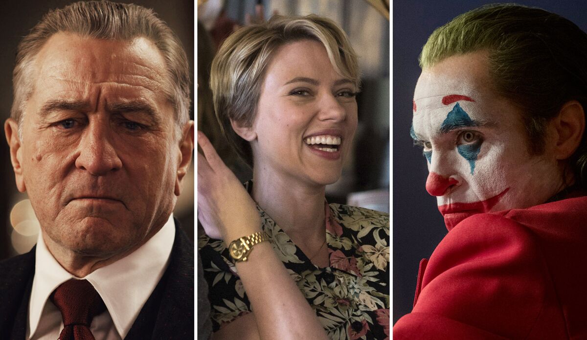 From left; Robert De Niro in ‘The Irishman;’ Scarlett Johansson in ‘A Marriage Story;’ and Joaquin Phoenix in ‘Joker.’