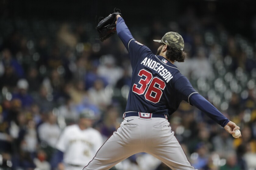Atlanta Braves' Ian Anderson pitches during the first inning of the team's baseball game against the Milwaukee Brewers on Saturday, May 15, 2021, in Milwaukee. (AP Photo/Aaron Gash)