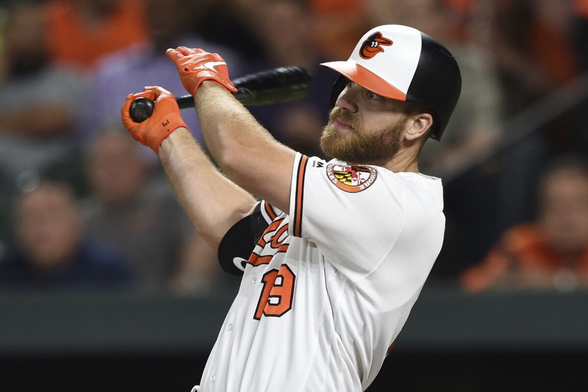 FILE - Baltimore Orioles' Chris Davis follows through on a two-run home run against the Chicago White Sox in the third inning of a baseball game in Baltimore, in this Tuesday, April 23, 2019, file photo. Slugger Chris Davis announced his retirement Thursday, Aug. 12, 2021, ending a career in which he became one of baseball's most prodigious home run hitters before his production declined amid injury problems during his final seasons with the Baltimore Orioles. (AP Photo/Gail Burton, File)