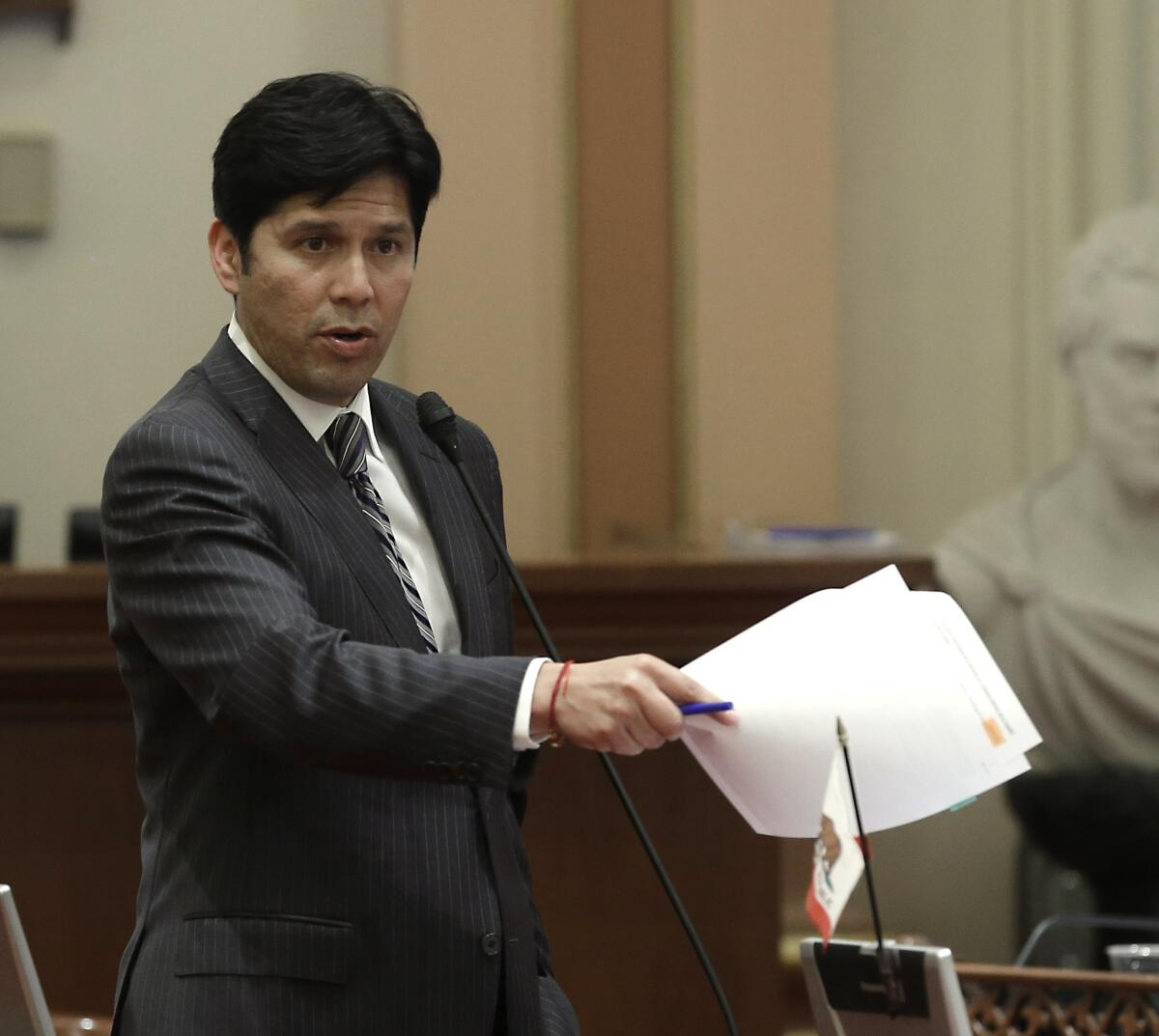 Sen. Kevin de Leon (D-Los Angeles), shown speaking on a bill before the Senate, is expected to become the next president pro tem of the Senate, current leader Darrell Steinberg said Tuesday.
