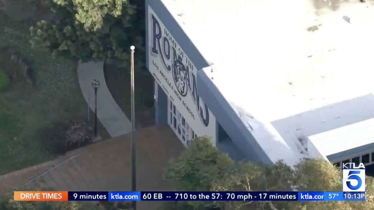 An aerial view of an entrance to Los Angeles High School.