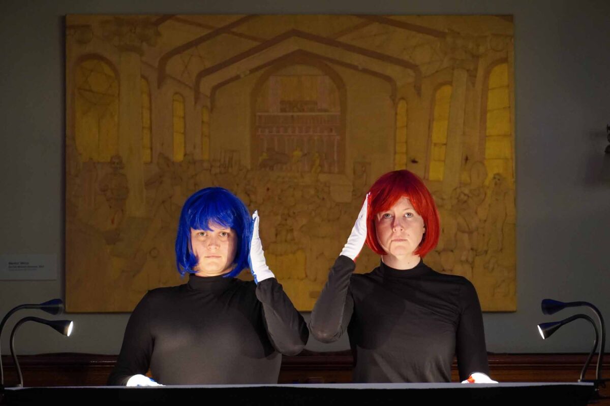 Adrianne Pope, left, in blue wig, and Linnea Powell, in red wig, performing Jessie Marino's "Rot Blau."