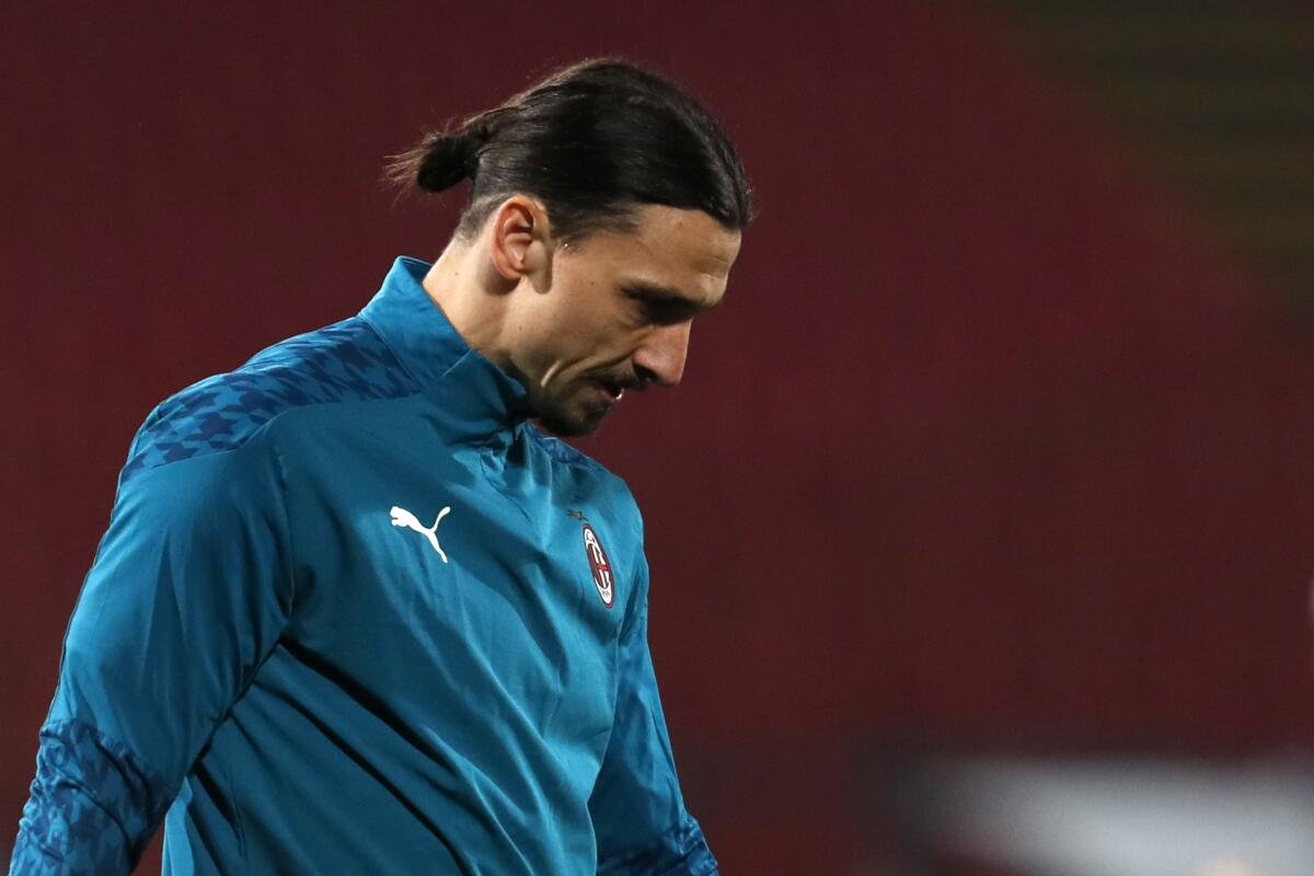 AC Milan's Zlatan Ibrahimovic looks on during a practice session.