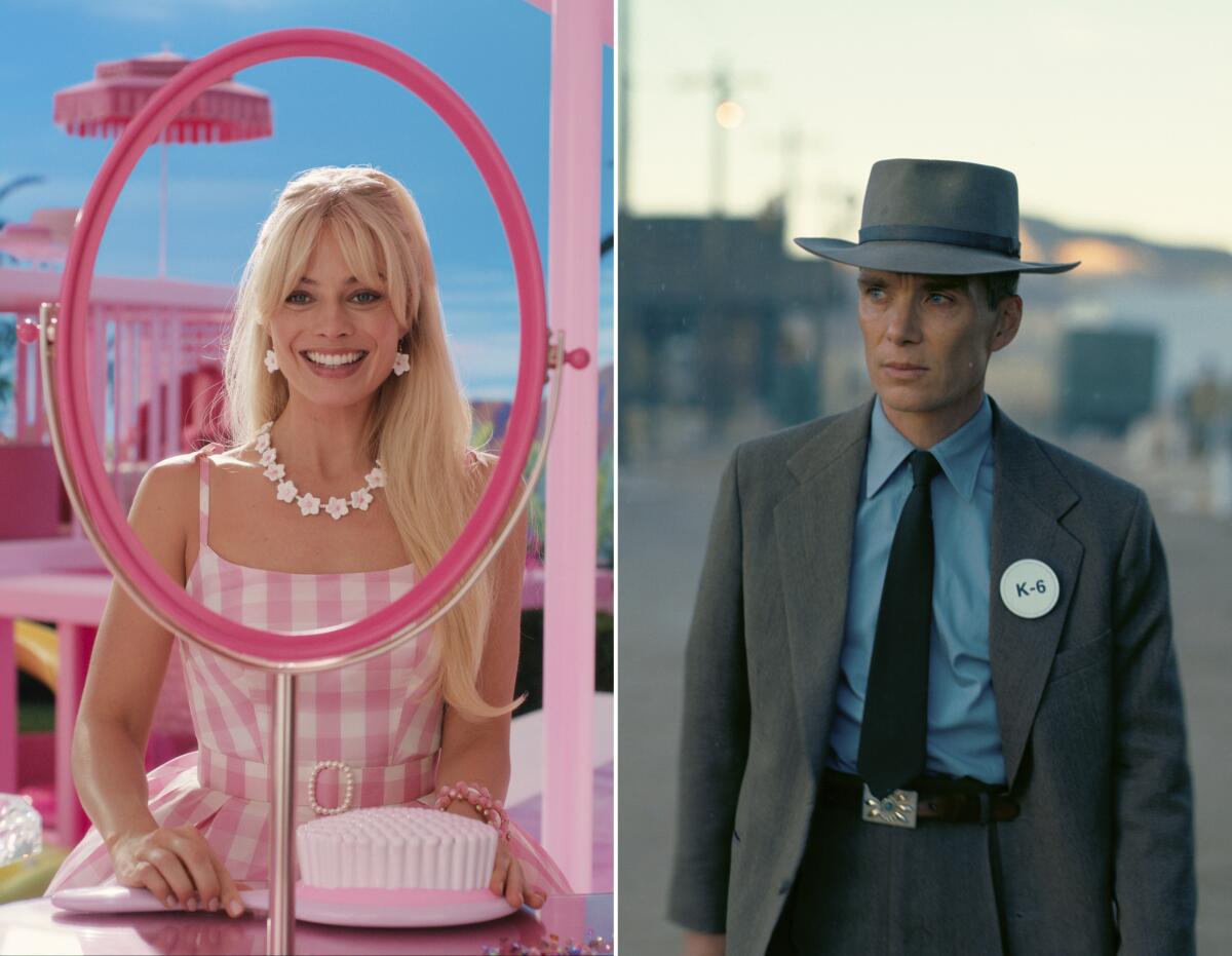 Esta combinación de imágenes muestra a Margot Robbie en una escena de "Barbie", a la izquierda, 