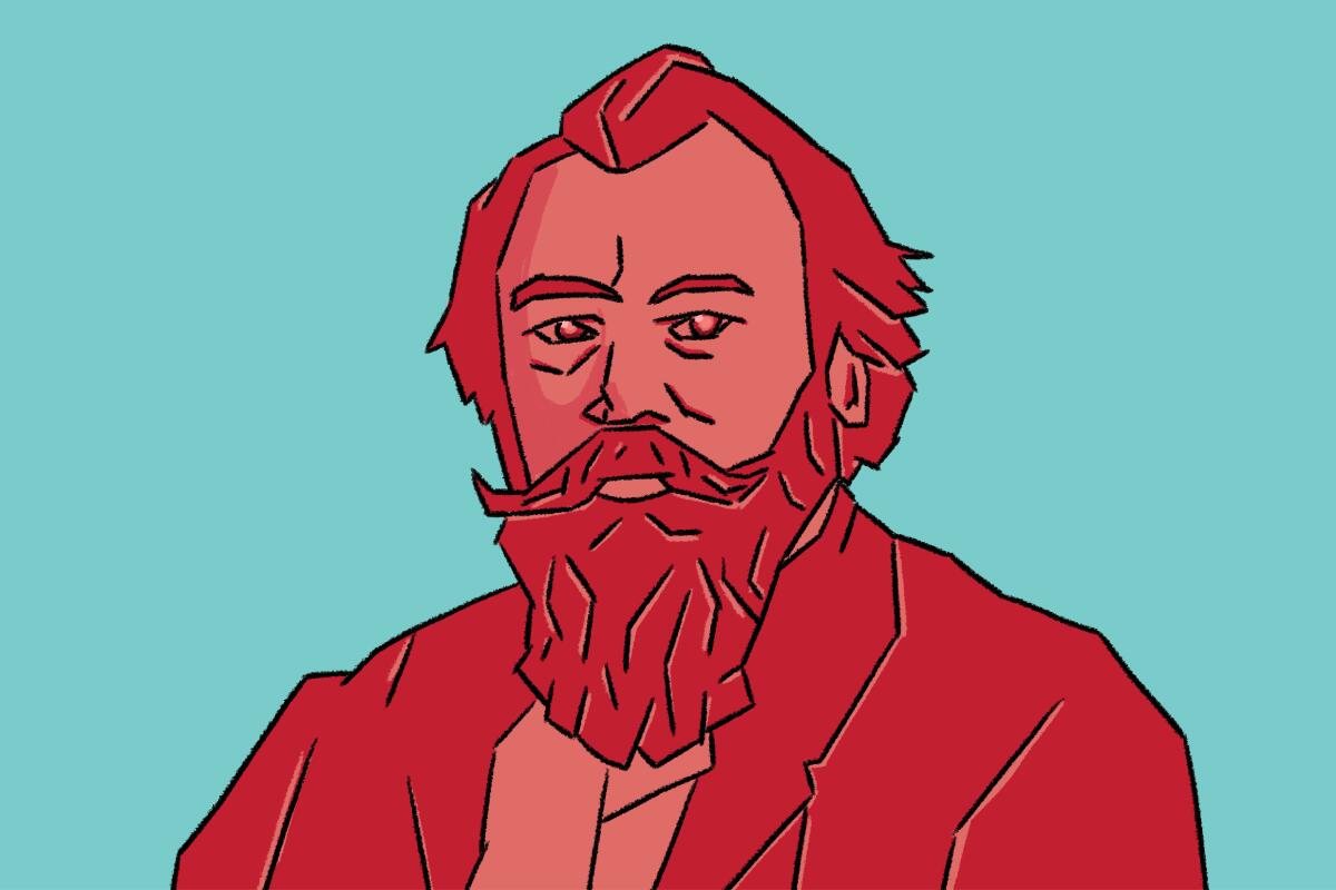 A red and blue illustration of composer Johannes Brahms