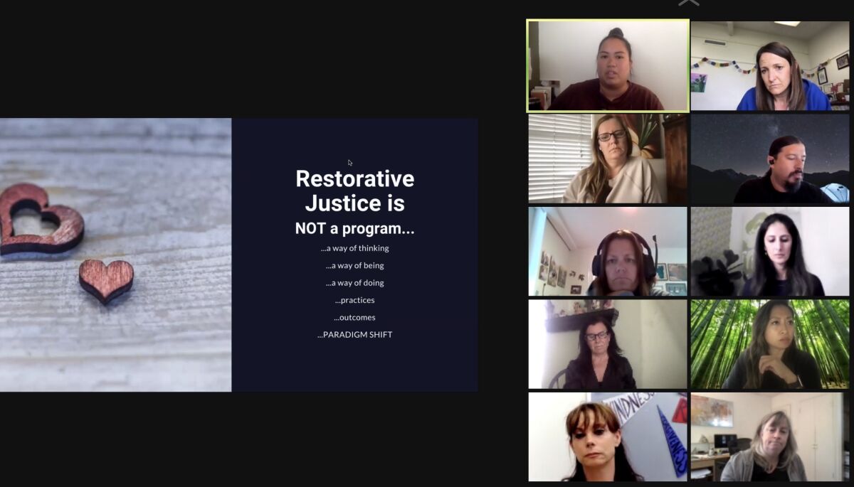 Lan Nguyen (top row, left) speaks to the La Jolla Cluster Association about restorative justice practices.