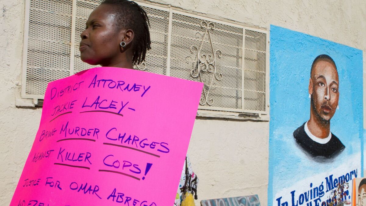 Protesters marched in South Los Angeles in 2015 to demand an end to police brutality after the deaths of Omar Abrego and Ezell Ford.