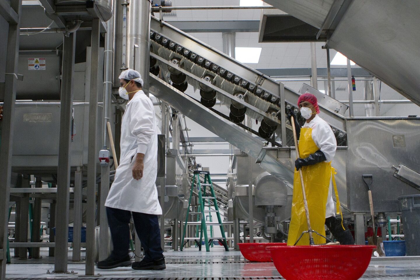 William Barrios sweeps the floor while hybrid jalapenos are washed at Huy Fong Foods Inc. in Irwindale.