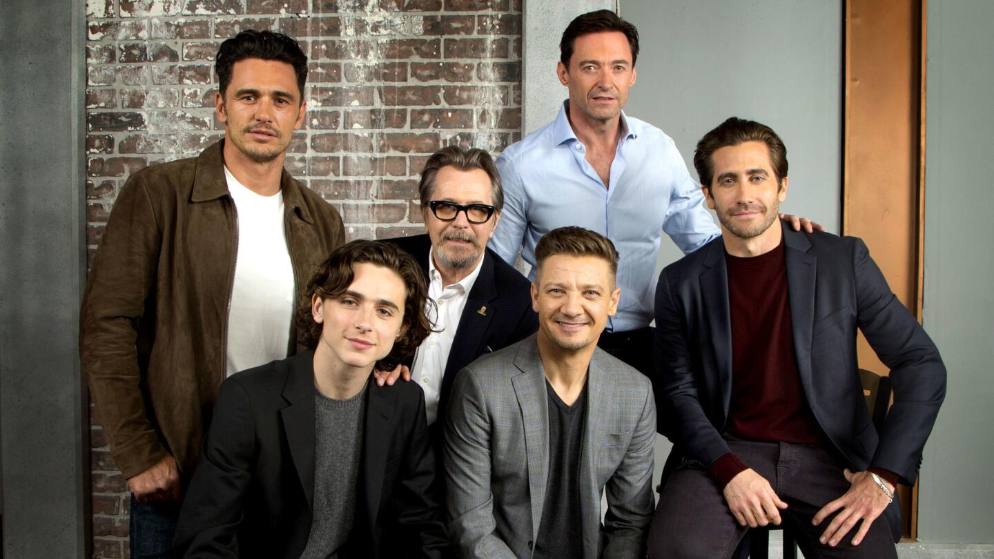 James Franco, Timothée Chalamet, Gary Oldman, Jeremy Renner, Hugh Jackman and Jake Gyllenhaal at the Envelope roundtable.