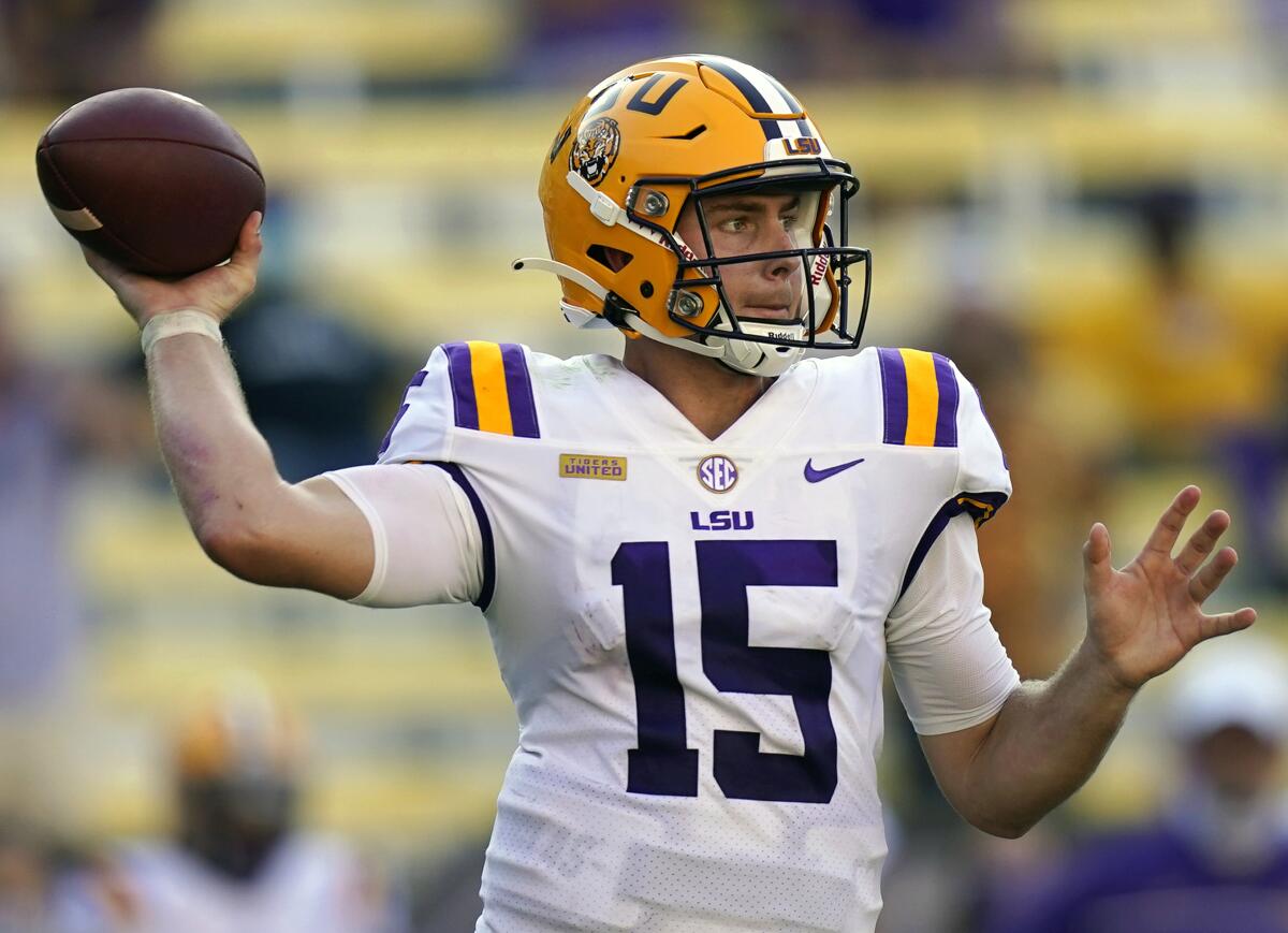 FILE - LSU quarterback Myles Brennan passes in the second half an NCAA college football game against Mississippi State in Baton Rouge, La., Sept. 26, 2020. LSU quarterback Myles Brennan has decided to end his college football career after five seasons with the Tigers. Brennan, who announced his decision on Monday, Aug. 15, 2022, spent his first three years at LSU as a backup. (AP Photo/Gerald Herbert, File)