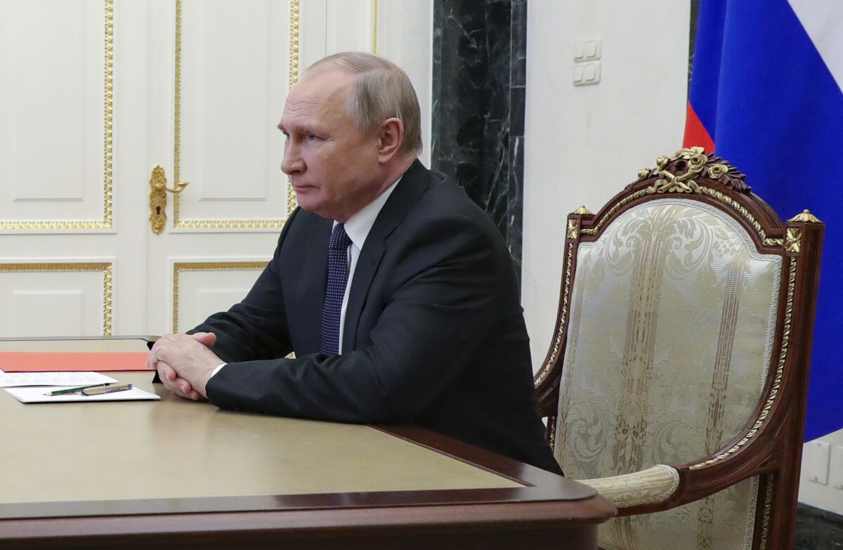 Russian President Vladimir Putin chairs a meeting with members of the Security Council via a video conference at the Kremlin in Moscow, Russia, Friday, April 29, 2022. ( Mikhail Klimentyev, Sputnik, Kremlin Pool Photo via AP)