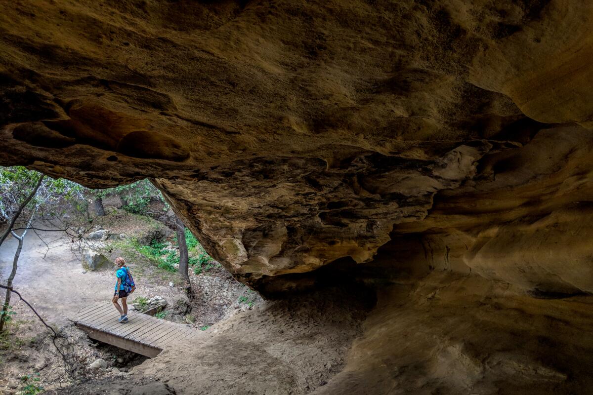 A hiker walks on a walkway beneath a large cave overhang  