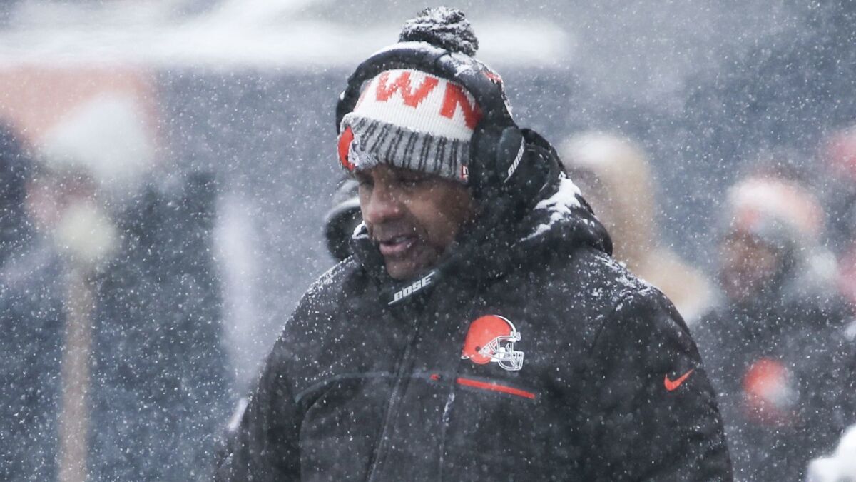 Hue Jackson coaches the Cleveland Browns during a game against the Chicago Bears on Dec. 24.