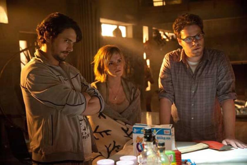 The apocalyptic comedy "This Is the End," airs at 9 p.m. on Starz. With James Franco, left, Emma Watson and Seth Rogan.