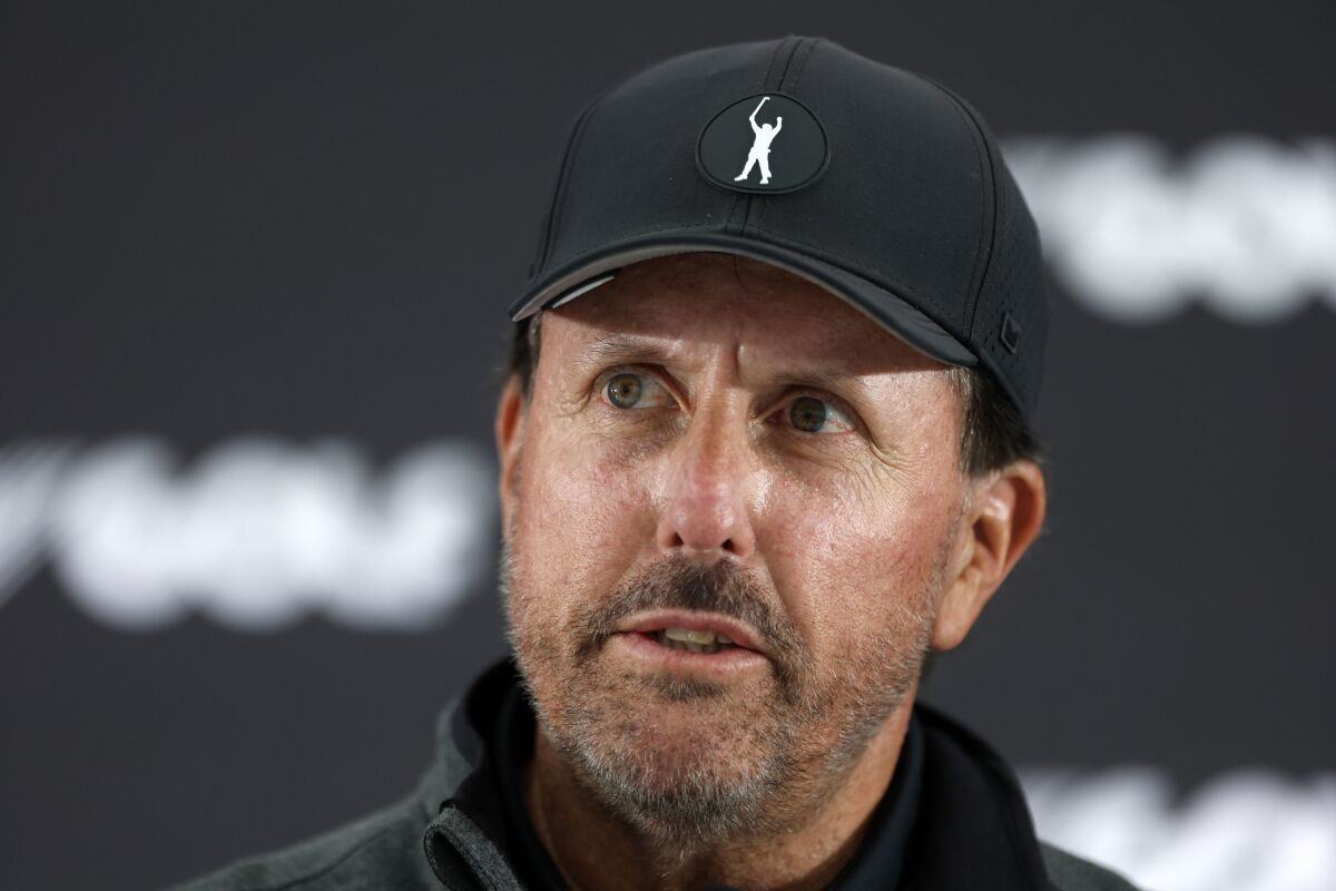 Phil Mickelson attends a press conference at the Centurion Club, Hertfordshire, England, ahead of the LIV Golf Invitational Series, Wednesday June 8, 2022. (Steven Paston/PA via AP)