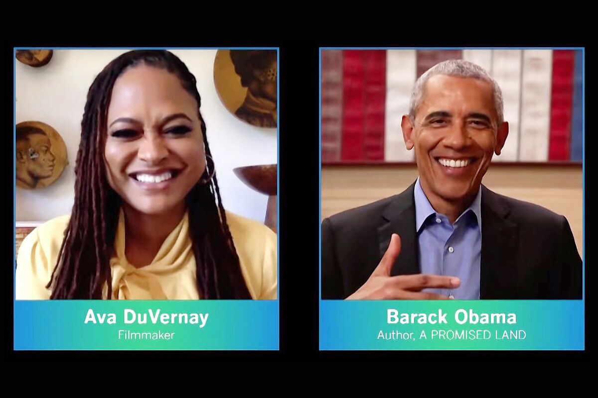 Side by side images of Ava DuVernay and Barack Obama.