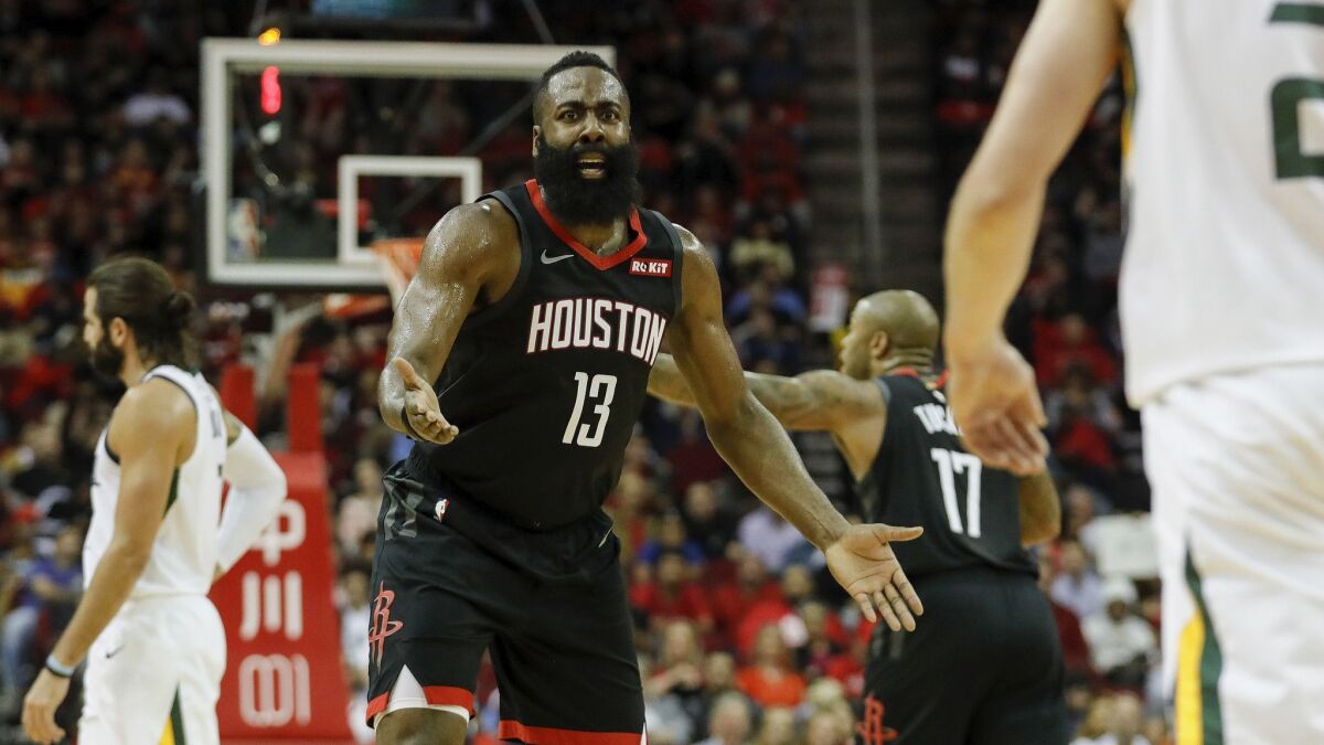 James Harden reacts to a foul in the second half.