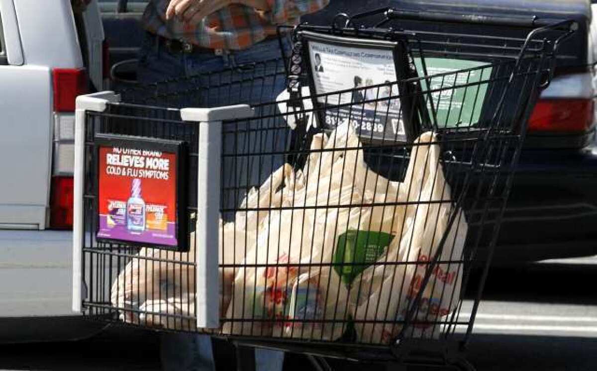 Plastic bags at Ralph's in La Canada Flintridge on Tuesday, April 16, 2013. The city council initially considered banning bags in La Canada but three council members decided not to support the study. Neighbors arrived en masse during the last two council meetings to urge that the issue be placed on a future agenda.