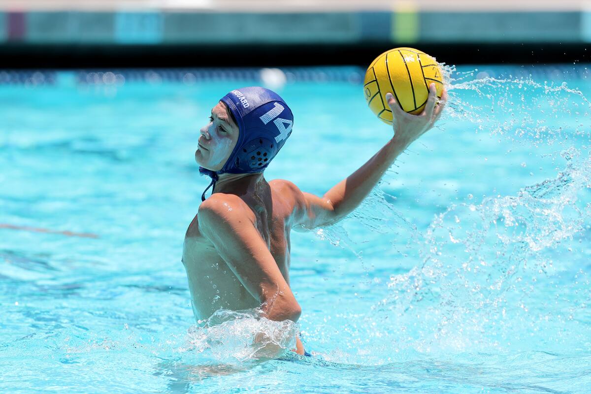 Vanguard Aquatics' Brooklyn Vega scores a penalty goal against Del Mar during the second half in the 12U title match.