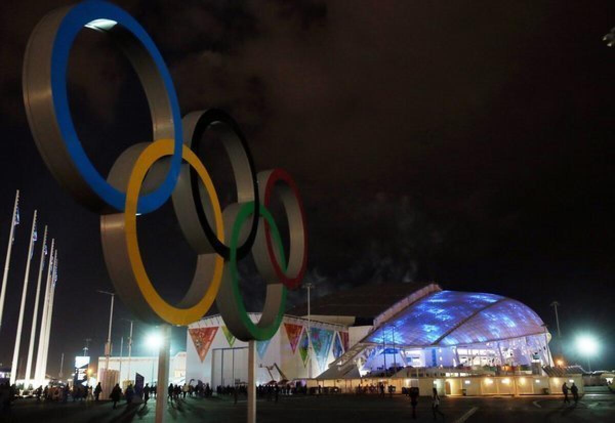 A view of the Olympic rings outside the Fisht Olympic Stadium in Sochi, Russia.