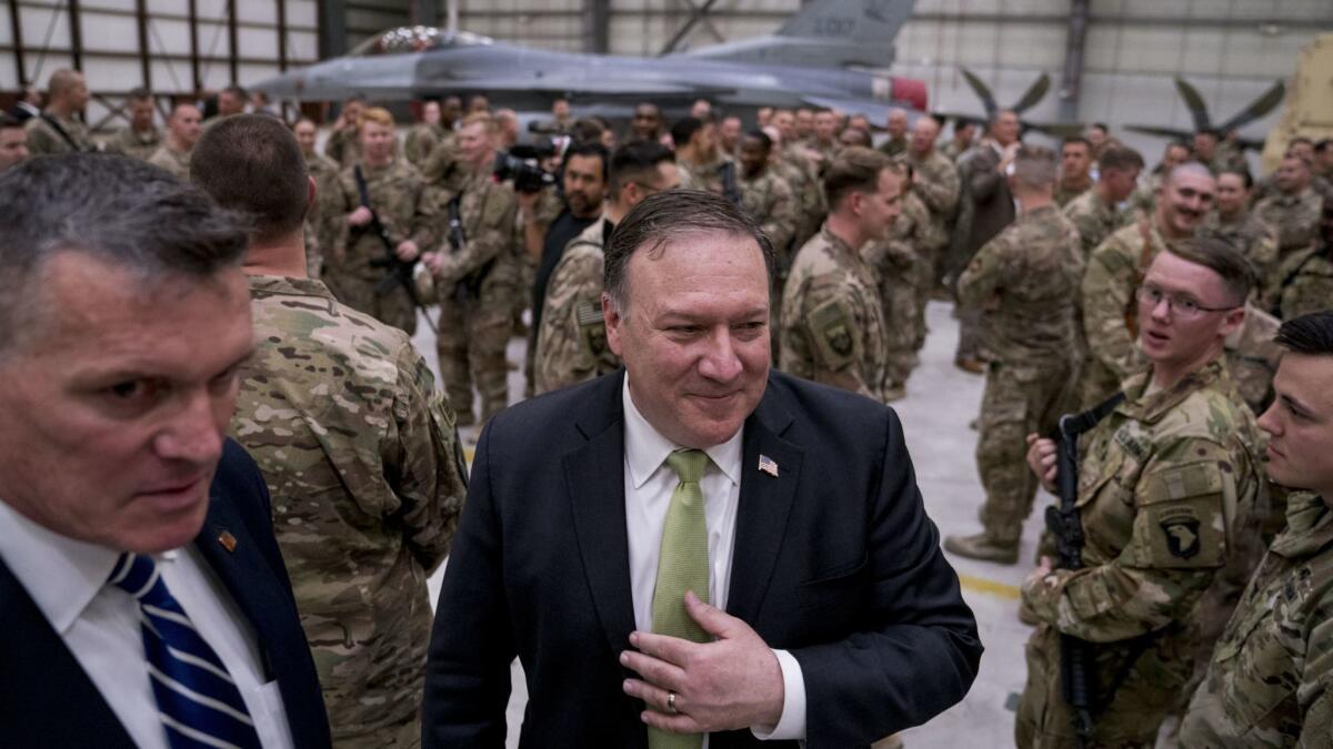 Secretary of State Mike Pompeo meets with coalition forces at Bagram Air Base on Monday.