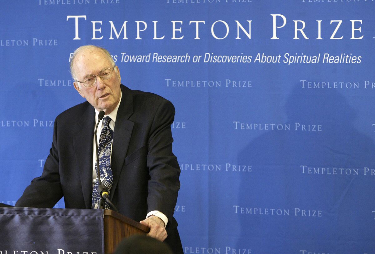 Charles Townes, co-inventor of the laser and a Nobel Prize-winner in physics, speaks after winning the Templeton Prize in New York on March 9, 2005.