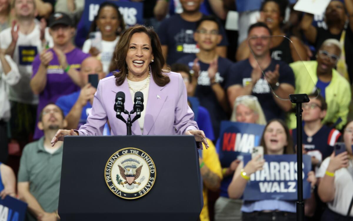 A woman in a lilac jacket smiles as she addresses a crowd