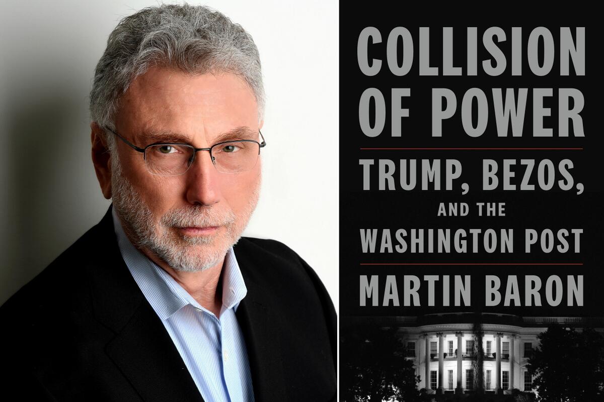 Martin Baron -- older man in a suit with no tie, and the cover of his new book, 'Collision of Power.'