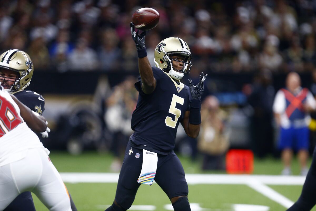 New Orleans Saints quarterback Teddy Bridgewater passes during the first half against the Tampa Bay Buccaneers on Sunday.