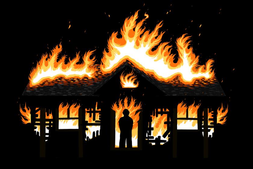 Illustration of a house on fire, a man stands in the doorway 