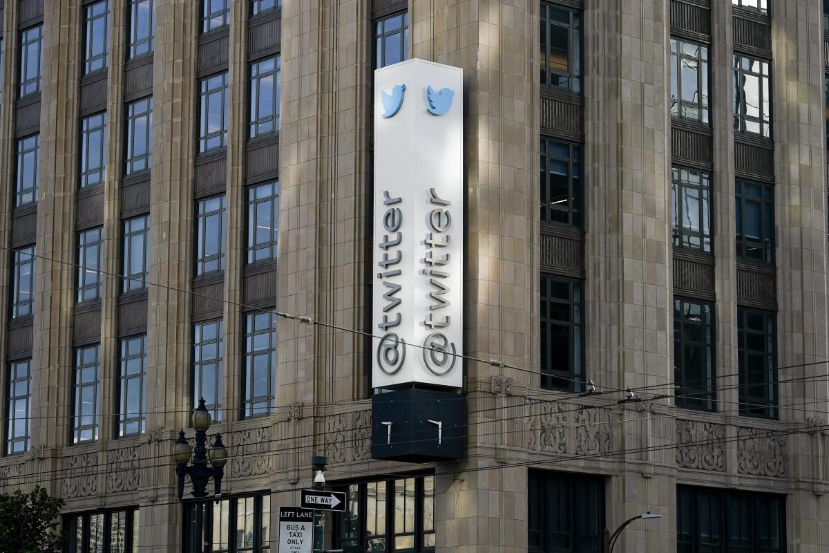 Twitter headquarters is shown in San Francisco on Nov. 4, 2022. 