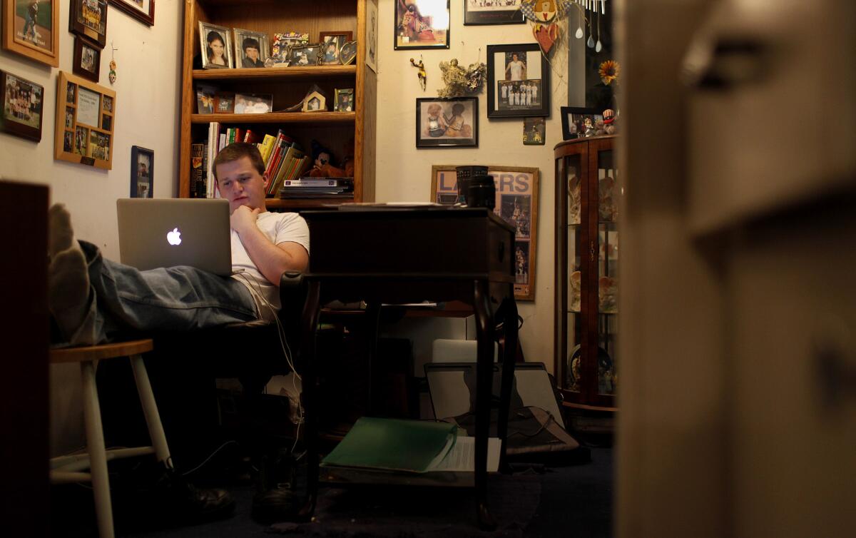 A student studies online at home. 