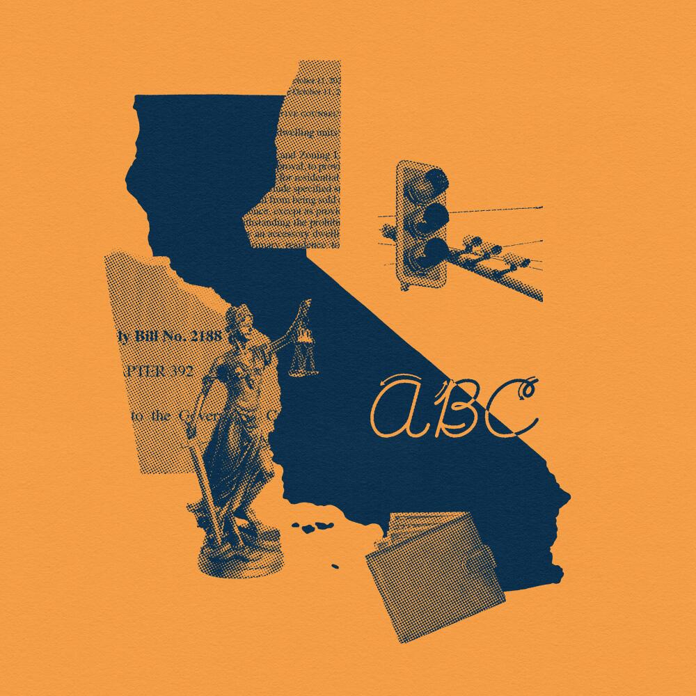 A photo illustration of text, a traffic signal, a wallet, a statue and "ABC" on the shape of California.