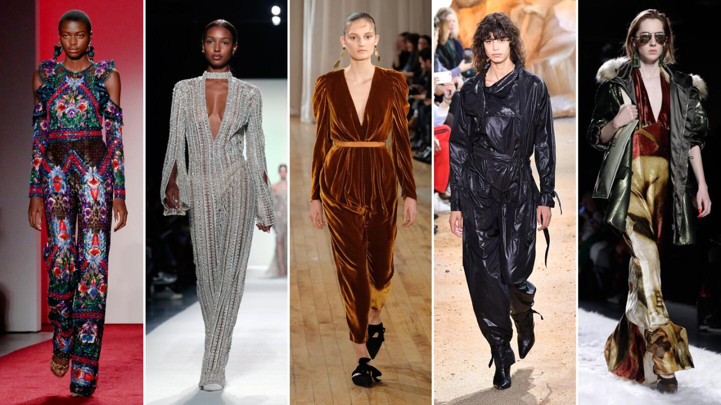 Jumpsuits return to fashion, from left: A Naeem Khan with exposed shoulder detail; Jonathan Simkhai crystal-encrusted long-sleeve jumpsuit; Ulla Johnson velvet jumpsuit; Lacoste; and one from Jeremy Scott.
