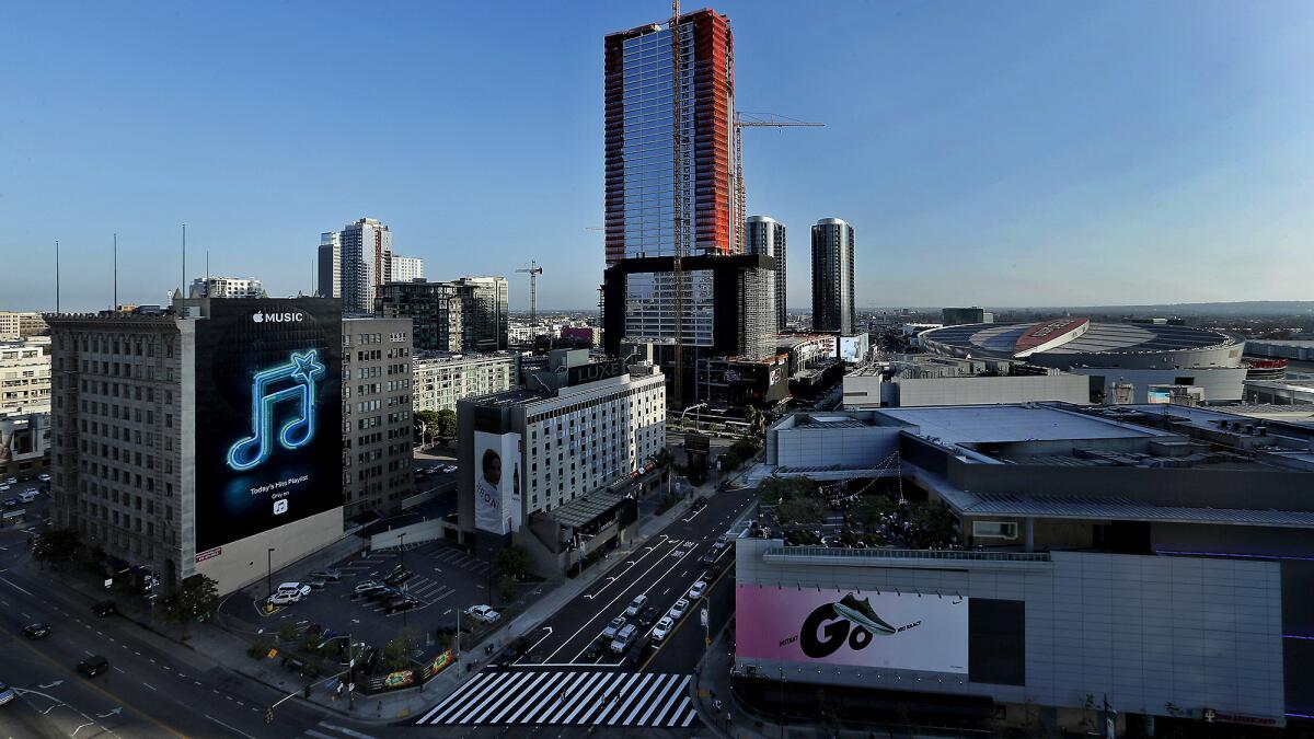 Construction near L.A. Live in downtown Los Angeles as seen from the rooftop of Hotel Figueroa.