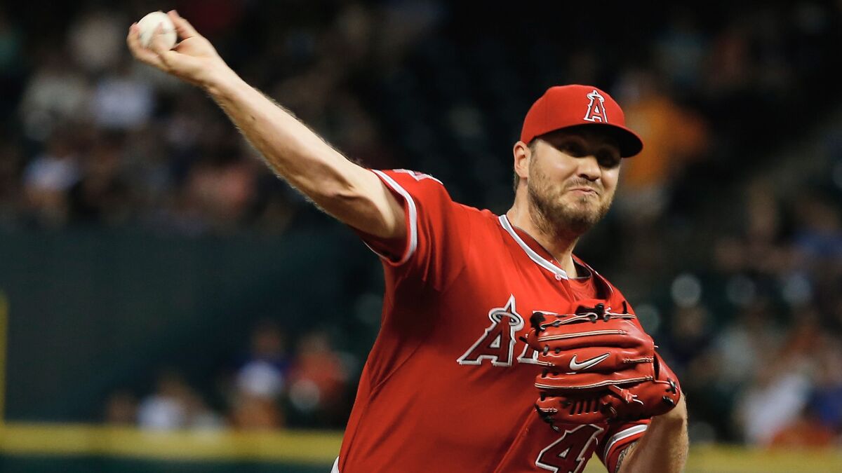 Angels reliever Kevin Jepsen delivers a pitch during a game against the Houston Astros on June 5. Jepsen has provided solid relief for the Angels this season.