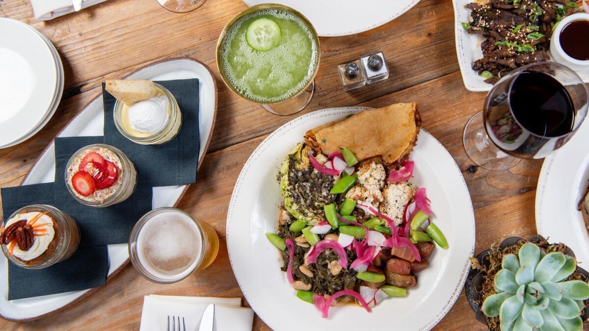 From left: Mason jar desserts (carrot cake, rice quinoa and vanilla pot de creme); the Farmhouse vegetable bowl; and grilled Asian short ribs at the Farmhouse at Roger's Gardens.